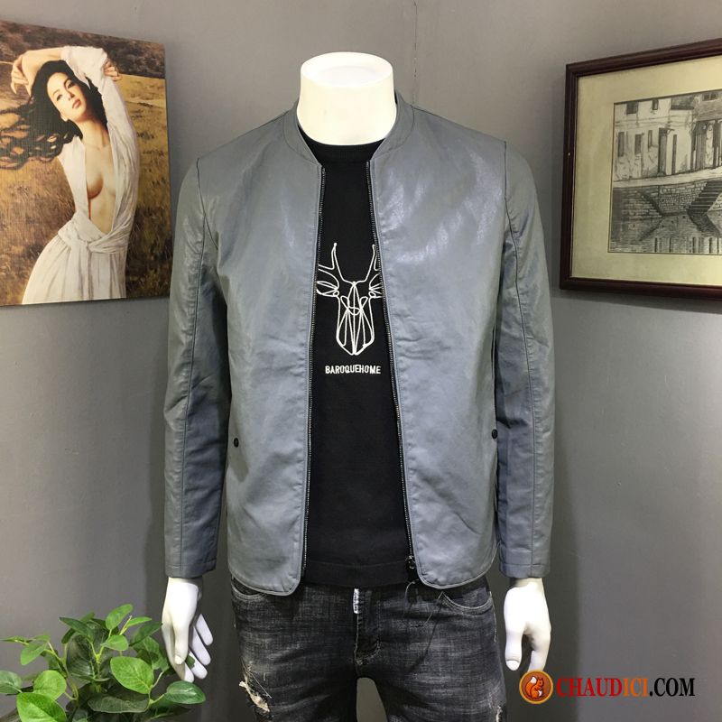 Veste En Cuir Matelassée Homme Noir Vestes En Cuir Décontractée Sans Collier Veste Jeunesse France