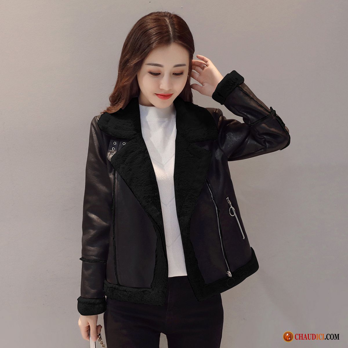 Veste Longue Femme Noir Tendance Vêtements Moto Court Plus De Velours Manteau En Ligne