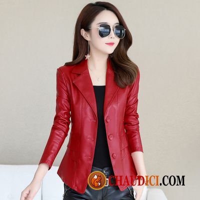 Veste Longue Femme Rouge Cuir Femme Mince Vêtements Moto