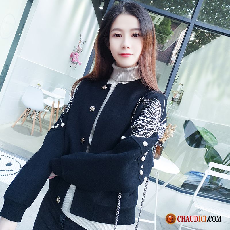 Veste Longue Noir Femme Broderie Vêtements De Baseball Tendance Perle Court En Ligne