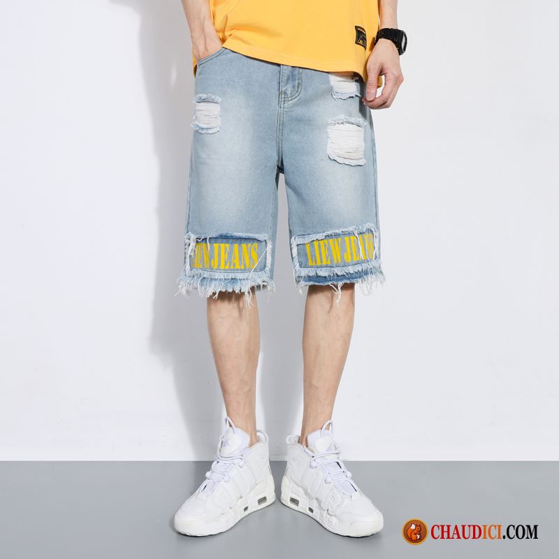 Vetement En Lin Pour Homme Troués Été Denim Shorti Jaune