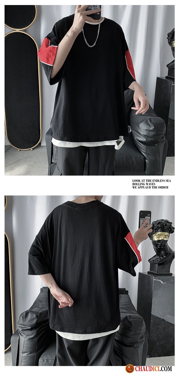 Tee Shirt Col V Homme Pas Cher Chocolat Baggy Couleur De Contraste Tee Shirt Col V Homme Pas Cher Chocolat Baggy Couleur De Contraste