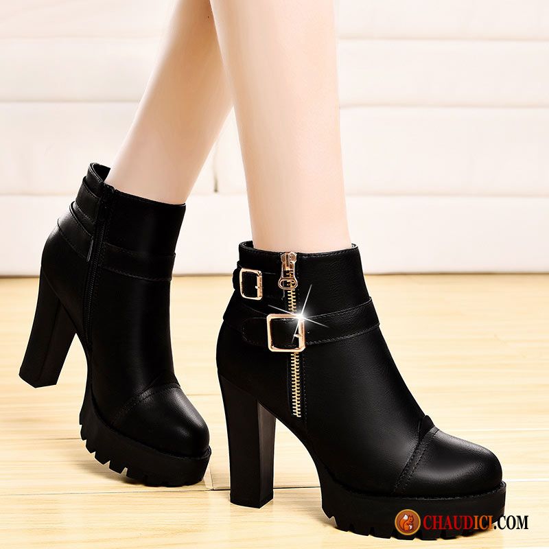 Acheter Bottines Femme Bottes Courtes Épais Plus De Velours Talons Hauts Bout Rond France