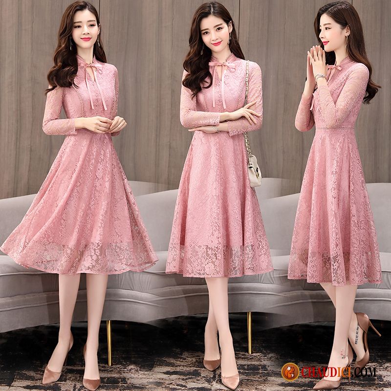 Acheter Robe Longue Femme Printemps Dentelle Rose Longue