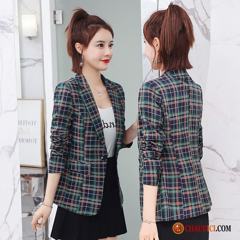 Blazer Femme Cintré Fashion Court Carreaux Une Boucle Rouge L'automne Soldes