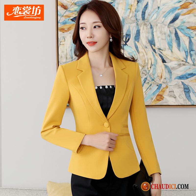 Blazer Pour Marié Femme Tendance Jaune Longues Costume L'automne Pas Cher