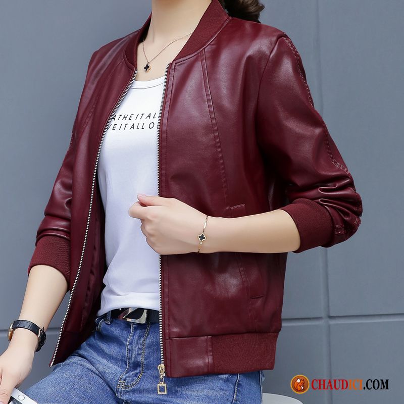 Blouson Simili Cuir Femme Pas Cher Ivoire Plus De Velours Court Maman Femme Rouge