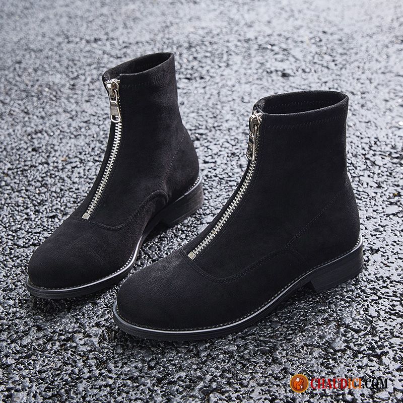 Boots Cuir Femme Soldes Bisque Bottes Plates Épais Talon Moyen Suède Pas Cher