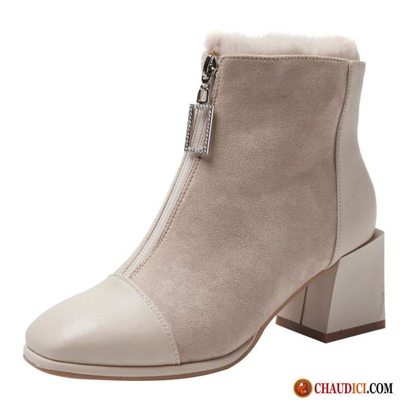 Boots Femme Cuir Beige Hiver Tête Carrée Bottes Talons Hauts Épais