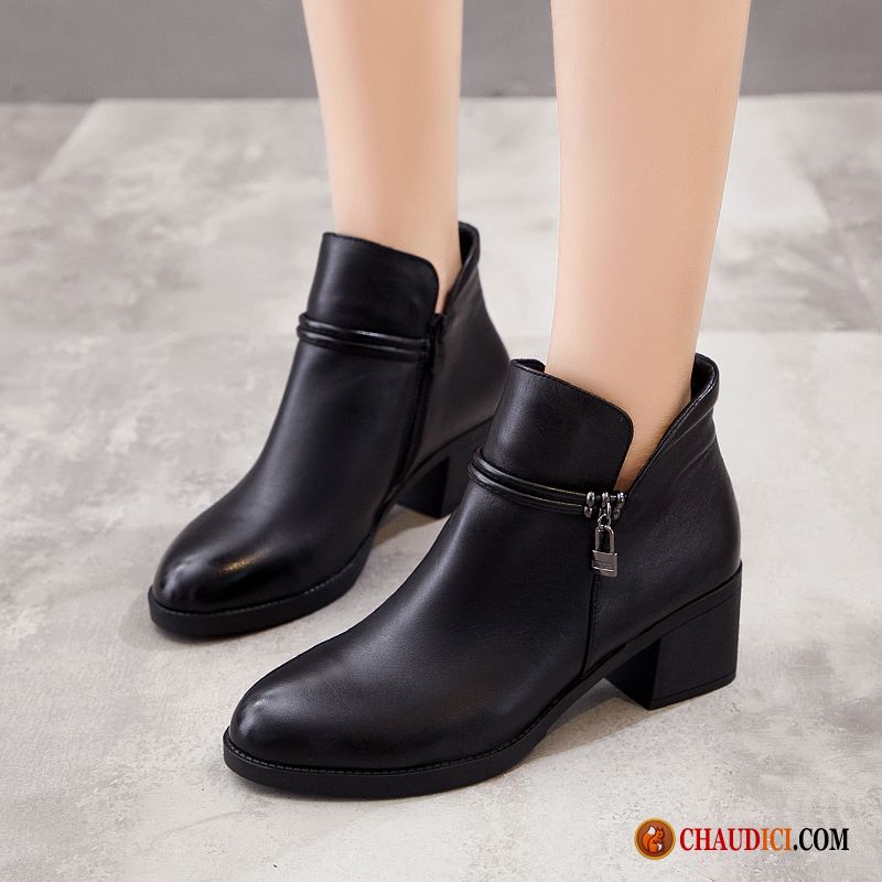 Bottes Cuir Femme Pas Cher Noir Hiver Mode Tendance Femme