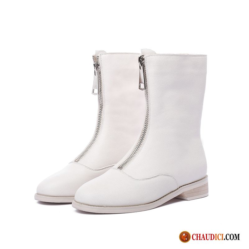 Bottes De Cuir Pour Femme Bottes Cuir Véritable Printemps Blanc Fermeture Éclair Pas Cher