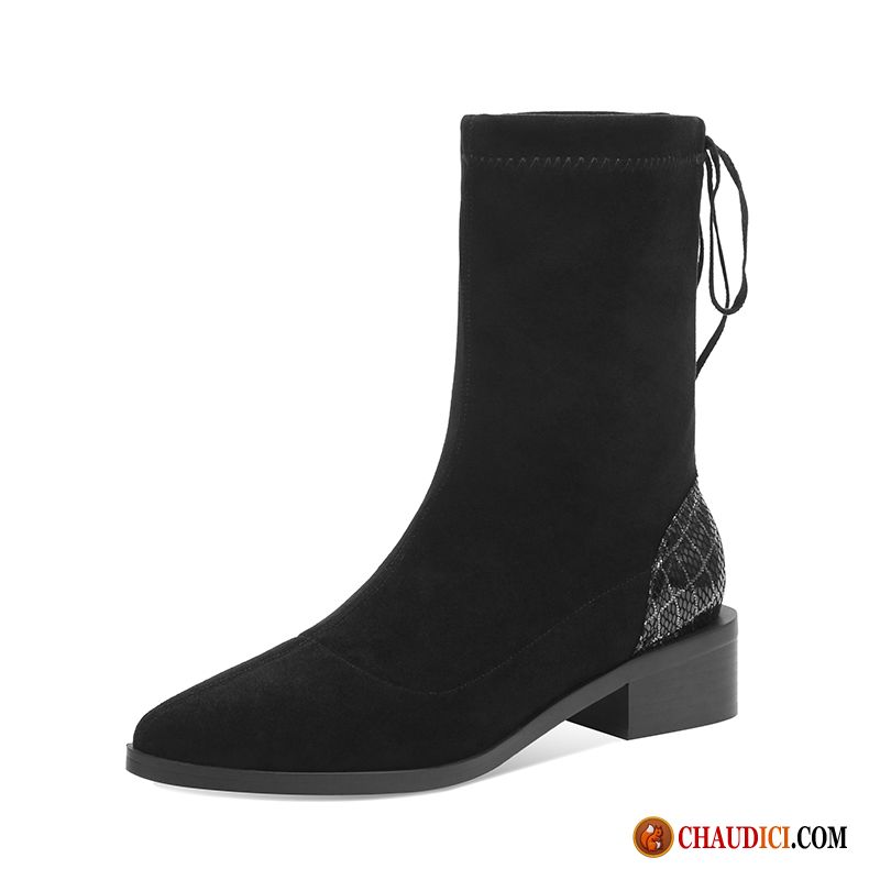 Bottes Femme Marron Cuir Élasticité Bottes L'automne Bottes Courtes Laçage En Vente