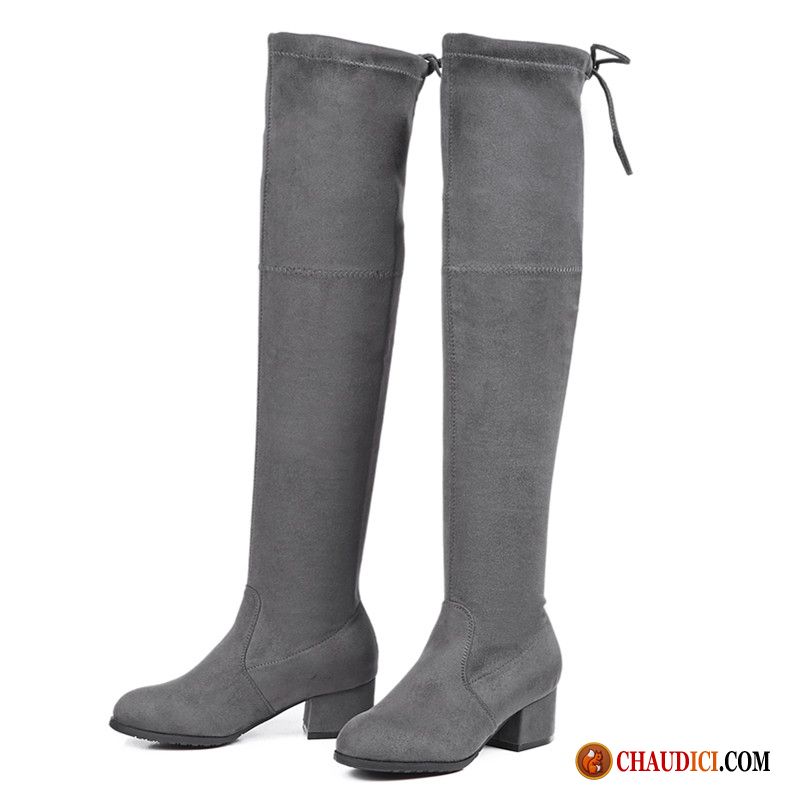 Bottes Noires Plates Cuir Écarlate Gris Épais Haute Tous Les Assortis Longue Pas Cher