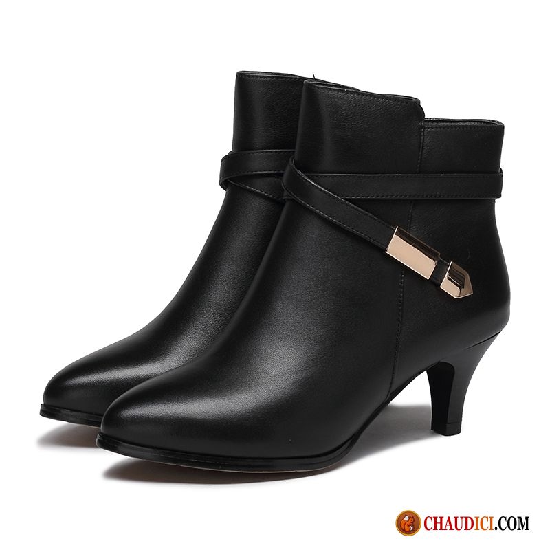 Bottines Noires Femme Mode Talon Moyen Rouge Élégant Bottes Courtes Pas Cher