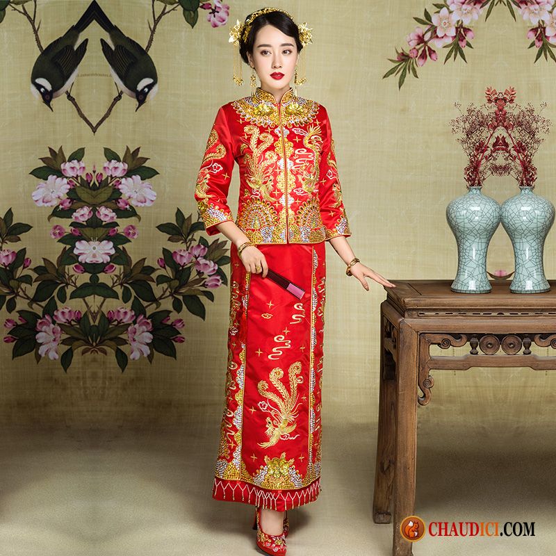 Boutique Robe De Soirée Tomate Cheongsam Dragon Jeune Mariée Robe De Mariée Rétro