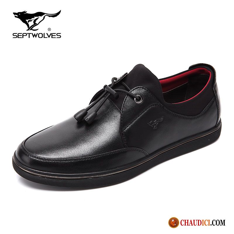 Chaussure Cuir Homme Solde Noir Bout Rond Décontractée Loup Dessus Cuir Cuir Véritable