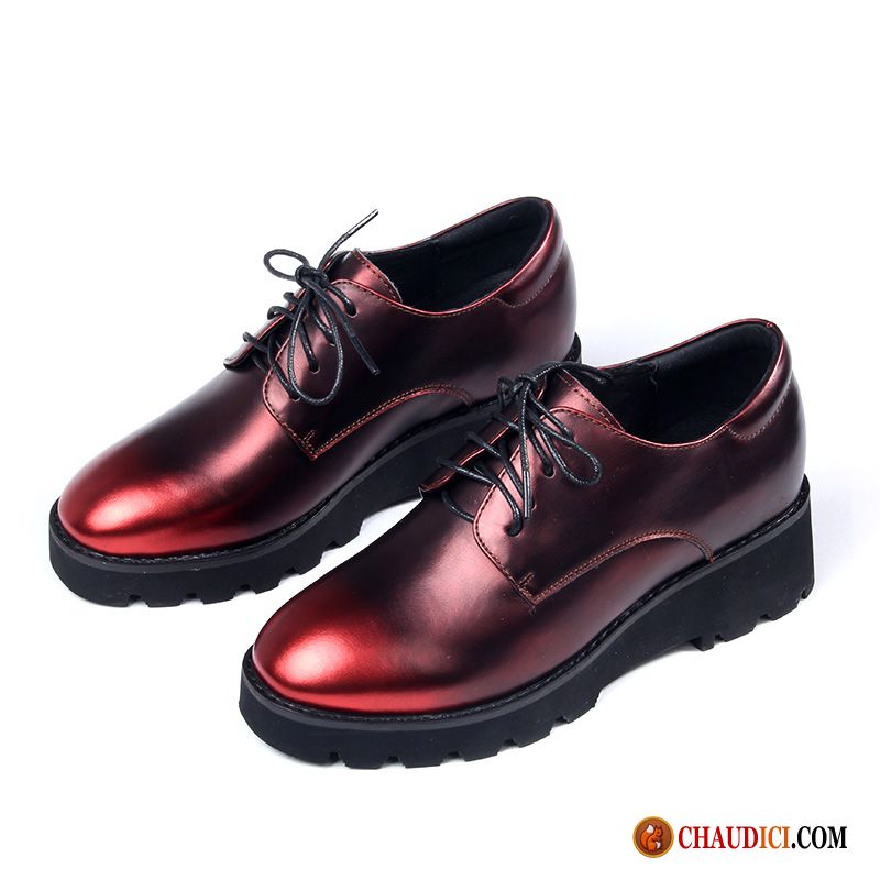 Chaussure En Cuir Marron Femme Rouge Chaussures À Plateformes Derbies Tête Carrée Cuir Véritable Angleterre Pas Cher