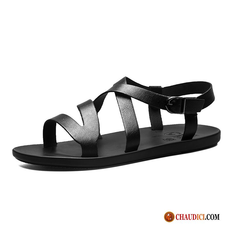 Chaussures Sandales Pas Cher Cuir Homme Personnalité Plage Sandales Noir