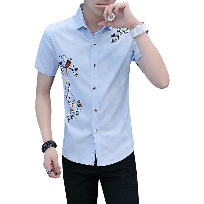 Chemise Bouton De Manchette Slim Les Adolescents Courte Bleu Chemise