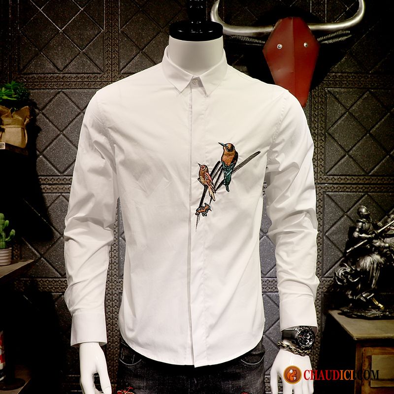 Chemise Chic Pour Homme Ivoire Beau Chemise Oiseau Homme Décontractée