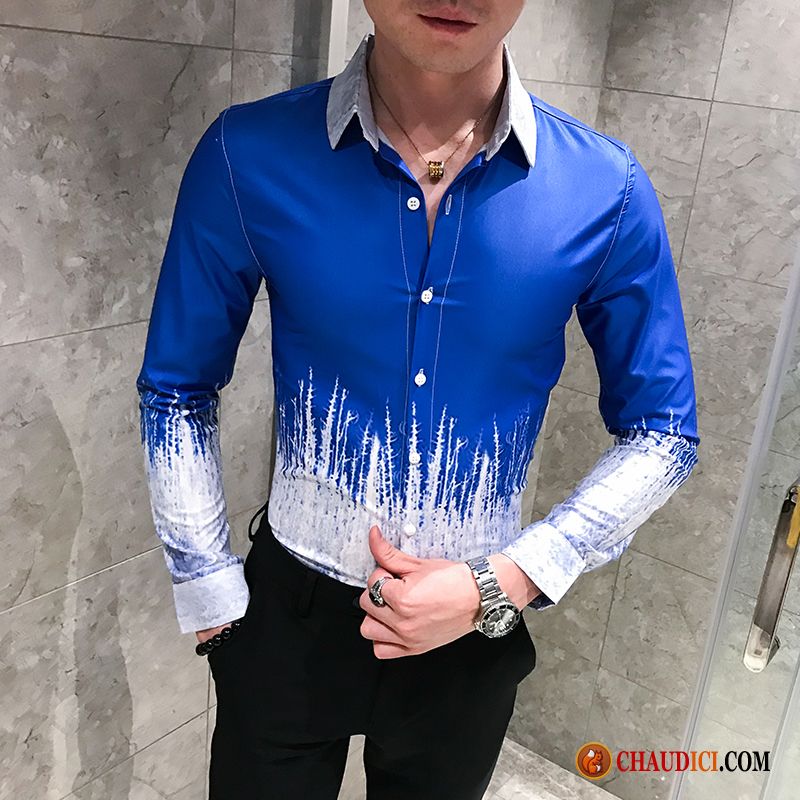 Chemise Homme Fantaisie Chemise Épissure Longues L'automne Bleu Pas Cher