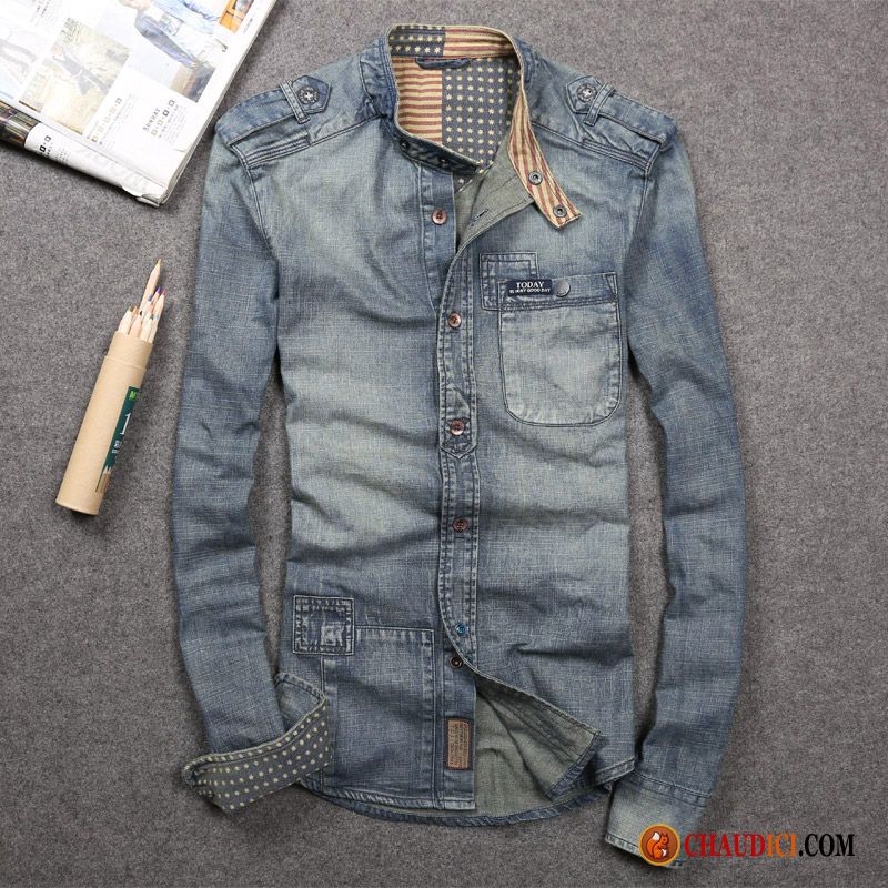 Chemise Homme Pas Cher Marque L'automne Col Mandarin Denim Homme Manteau En Vente