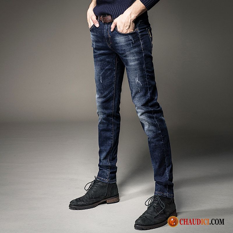 Jean Bleu Delavé Homme Jambe Droite Printemps Jeans Pantalon Tendance