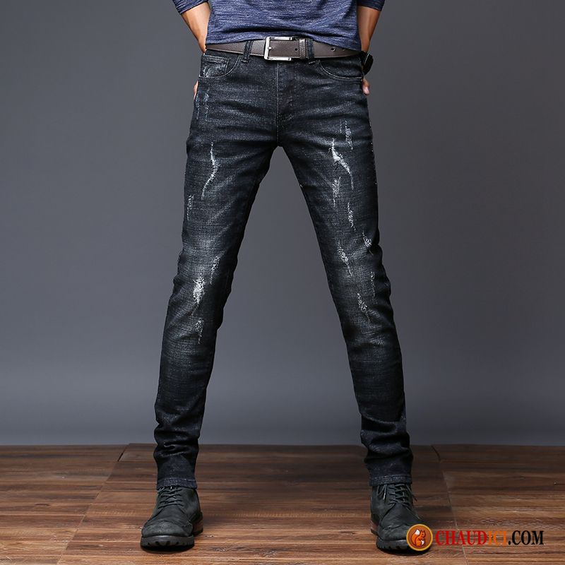 Jean Gris Délavé Homme Jeunesse Troués Longue Pantalon Maigre