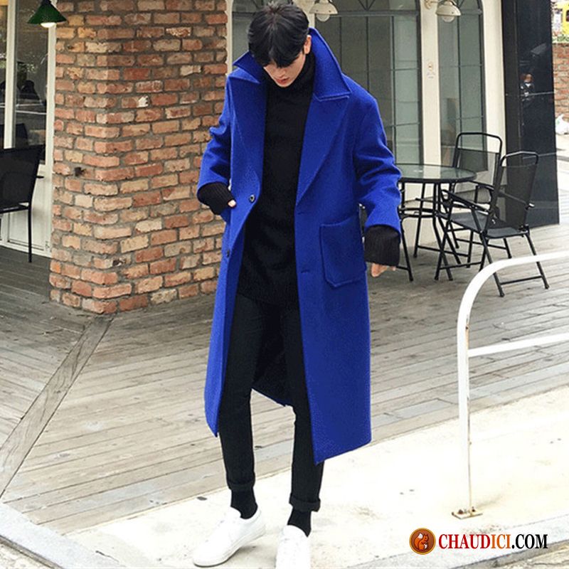 Manteau De Marque Bleu Homme Hiver Longue Tendance De Laine Soldes