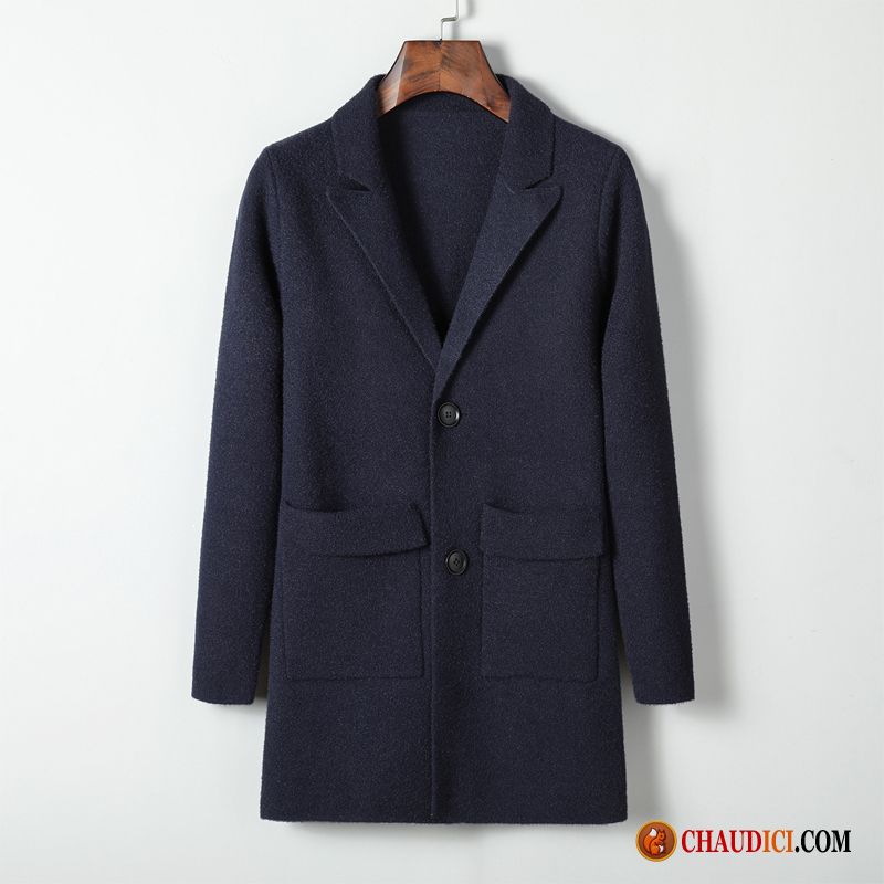 Manteau Homme Gris L'automne Manteau Bleu Longue Revers Roulé Pas Cher