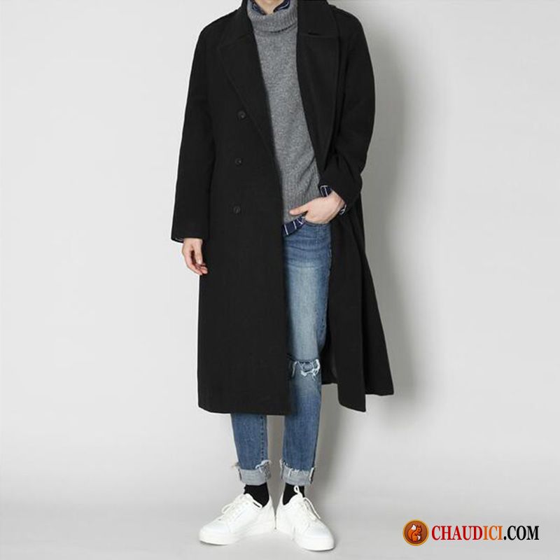 Manteau Jean Manche Cuir Homme Épaissir Noir Manteau Jeunesse Épaule Tombante