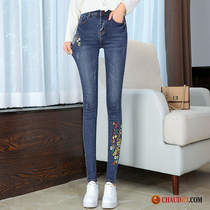 Pantalon Slim Taille Haute Pantalons Crayon L'automne Jeans Femme Bleu Pas Cher