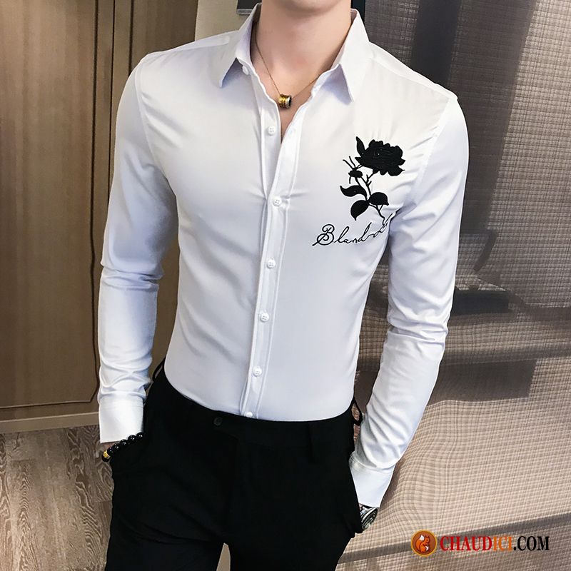 Promotion Chemise Homme Kaki Brodé Blanc Homme Slim Longues Pas Cher