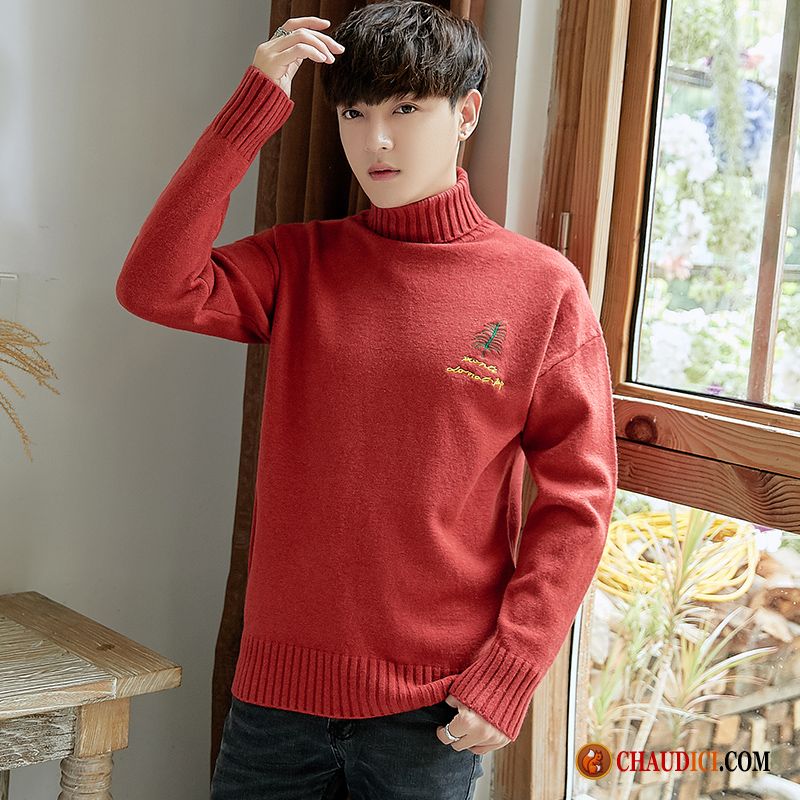 Pull Tendance Pas Cher Homme Homme Rouge Pullovers Jeunesse Revers Roulé