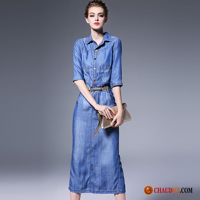 Robe Chemise Longue Femme Brun Multicolore Revers Roulé Diviser La Fourchette Denim Robe