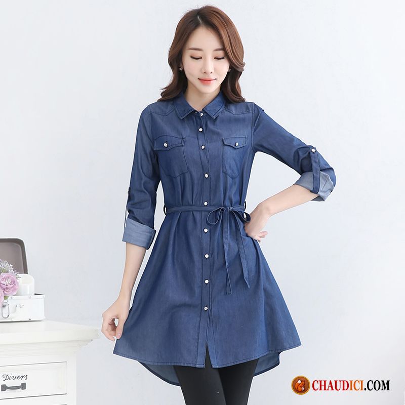 Robe D Été En Solde Printemps Nervurées Robe Femme Denim Pas Cher