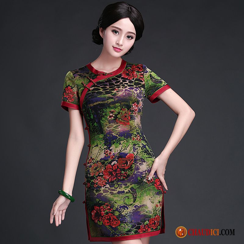 Robe Longue Imprimée Pas Cher Été Fil Cheongsam Slim Robe France