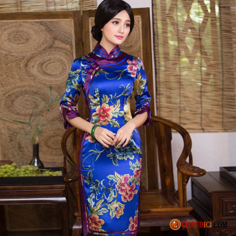 Robe Longue Manches Courtes Cheongsam Soie Printemps Classique Manche