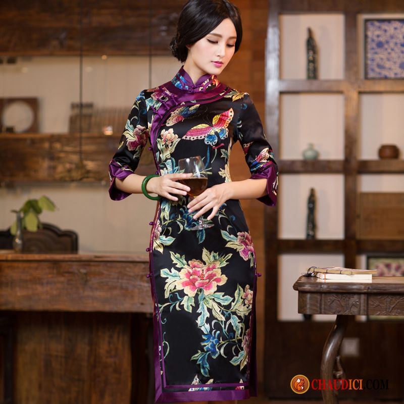 Robe Noire Chic Pas Cher Darkviolet Robe Longues Dame Mode Cheongsam