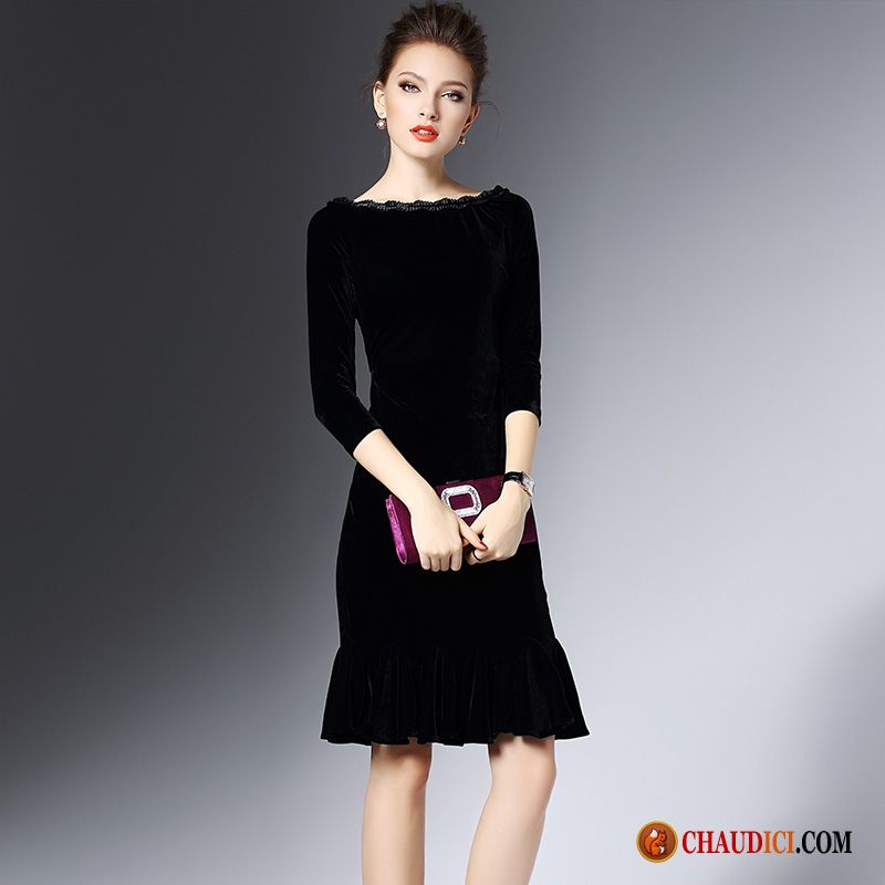 Robe Rose Et Noir Tempérament Vêtements D'hiver Robe Tendance Noir Pas Cher