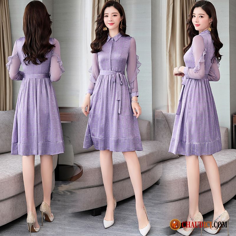 Robe Soirée Chic Robe Carreaux Violet Nervurées Mince Pas Cher