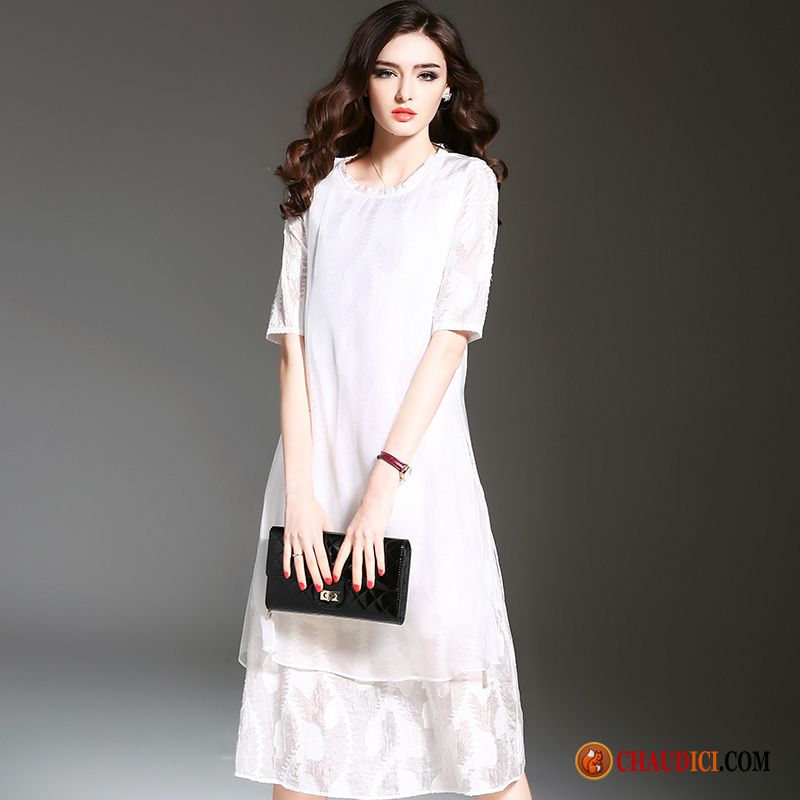Robes Mi Longues Soldes Marron Plage Femme Lin Blanc Robe