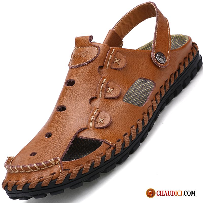 Sandales Cuir Homme Pas Cher Lawngreen Cuir Cuir Véritable Marron Décontractée Homme