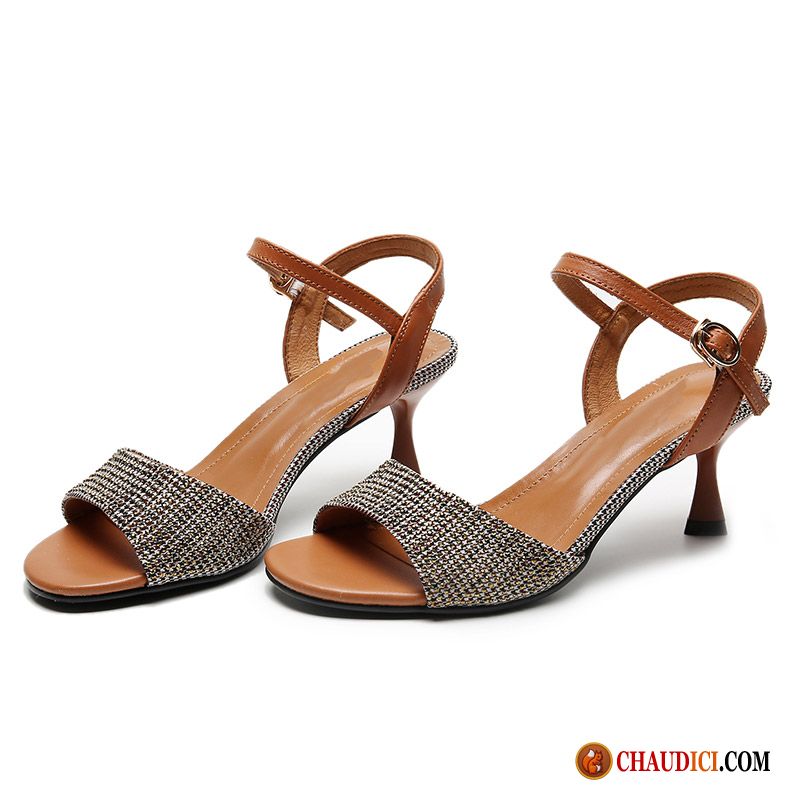 Sandales En Cuir Femme Cuir Véritable Gris Talon Moyen Femme Été Pas Cher