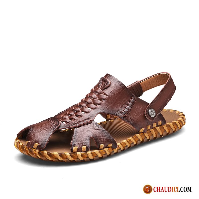 Sandales Homme Beige Pas Cher Décontractée Marron Été Homme Cuir Véritable En Vente