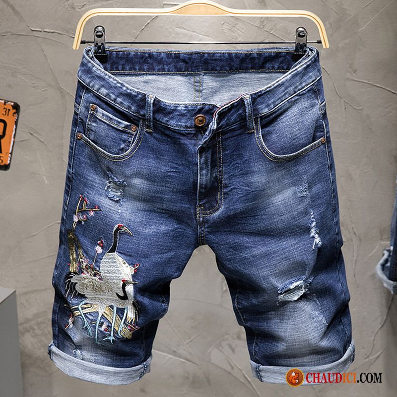 Shorts Homme Marron Argent Broderie Grue Denim Delavé Homme En Ligne