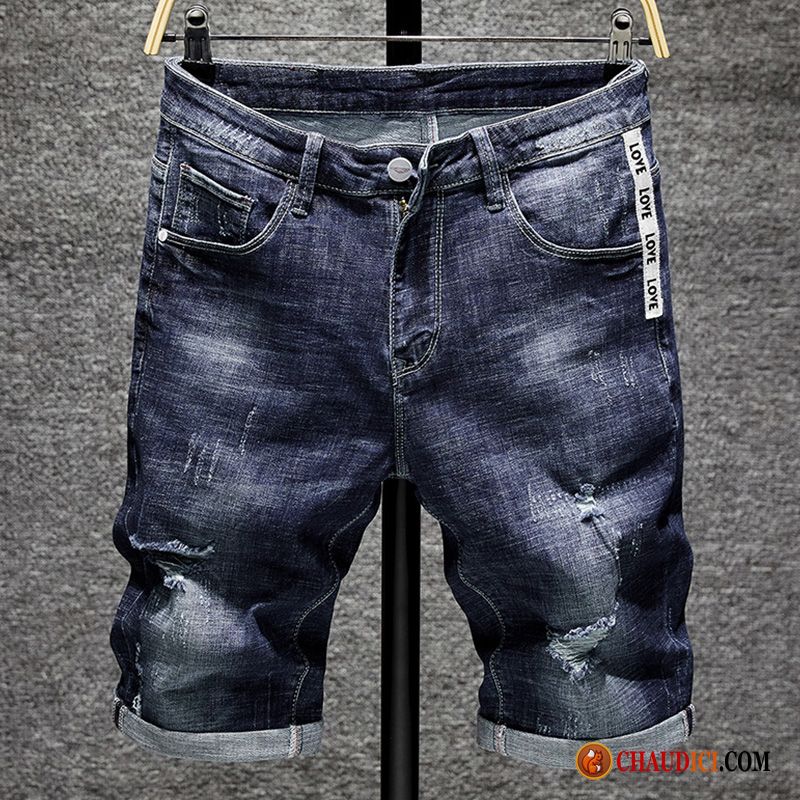 Shorts Randonnée Homme Beige Slim Bleu Des Trous Dans Les Jeans Extensible Mode Soldes