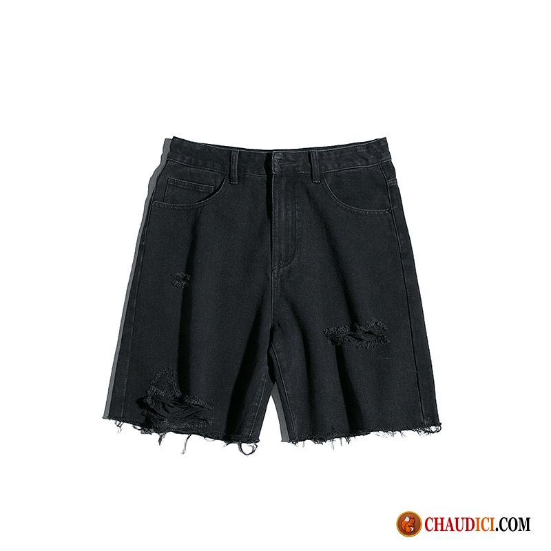 Shorts Velours Noir Homme Des Trous Dans Les Jeans Jambe Droite Beau Baggy Noir