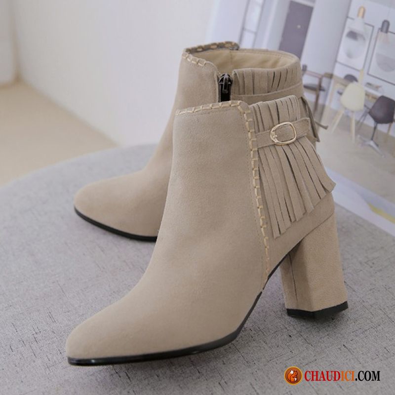 Soldes Bottes Cuir Cuir Bottes Courtes Bout Rond Pompon Femme