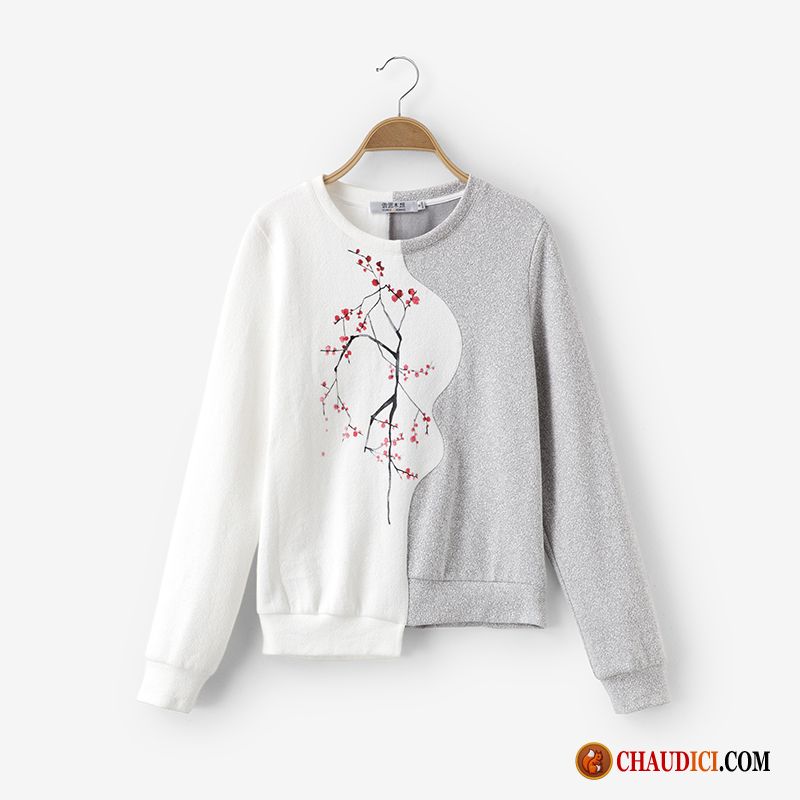 Soldes Sweat À Capuche Femme Asymétrie Pullovers Blanc Épissure Impression Pas Cher